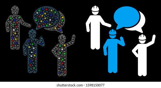 Glossy mesh engineer persons forum icon with glare effect. Abstract illuminated model of engineer persons forum. Shiny wire frame polygonal mesh engineer persons forum icon.