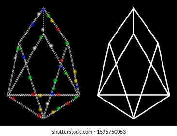 Glossy mesh eos currency icon with glow effect. Abstract illuminated model of eos currency. Shiny wire carcass polygonal mesh eos currency icon. Vector abstraction on a black background.