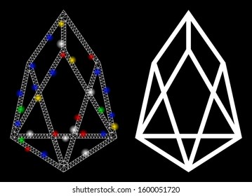 Glossy mesh eos currency icon with sparkle effect. Abstract illuminated model of eos currency. Shiny wire carcass triangular mesh eos currency icon. Vector abstraction on a black background.