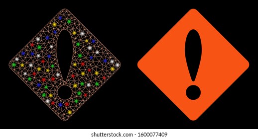Glossy mesh error icon with sparkle effect. Abstract illuminated model of error. Shiny wire carcass polygonal mesh error icon. Vector abstraction on a black background.