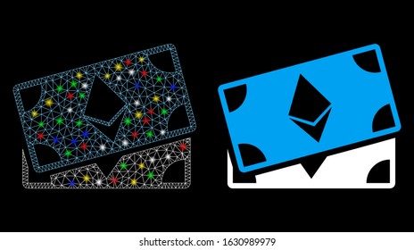 Glossy mesh Ethereum banknotes icon with sparkle effect. Abstract illuminated model of Ethereum banknotes. Shiny wire carcass polygonal mesh Ethereum banknotes icon.