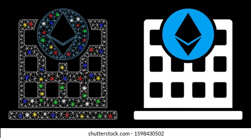 Glossy mesh Ethereum corporation office icon with sparkle effect. Abstract illuminated model of Ethereum corporation office. Shiny wire carcass triangular mesh Ethereum corporation office icon.