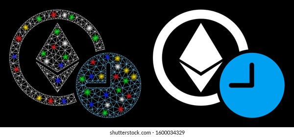 Glossy mesh Ethereum credit clock icon with glitter effect. Abstract illuminated model of Ethereum credit clock. Shiny wire frame triangular mesh Ethereum credit clock icon.