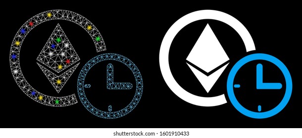 Glossy mesh Ethereum credit clock icon with glitter effect. Abstract illuminated model of Ethereum credit clock. Shiny wire carcass polygonal network Ethereum credit clock icon.