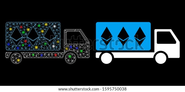 Glossy mesh\
Ethereum delivery car icon with glow effect. Abstract illuminated\
model of Ethereum delivery car. Shiny wire frame triangular mesh\
Ethereum delivery car\
icon.