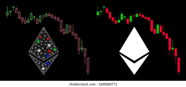 Glossy mesh Ethereum fall chart icon with glitter effect. Abstract illuminated model of Ethereum fall chart. Shiny wire frame polygonal network Ethereum fall chart icon.