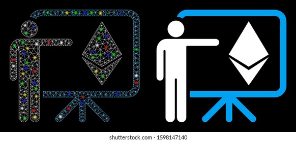 Glossy mesh Ethereum lecture board icon with lightspot effect. Abstract illuminated model of Ethereum lecture board. Shiny wire frame polygonal mesh Ethereum lecture board icon.