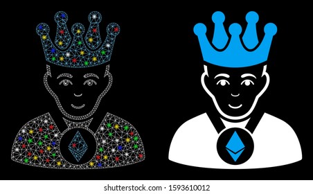Glossy mesh Ethereum lord icon with lightspot effect. Abstract illuminated model of Ethereum lord. Shiny wire carcass polygonal mesh Ethereum lord icon. Vector abstraction on a black background.