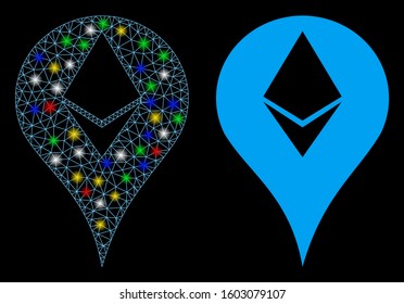Glossy mesh Ethereum map marker icon with glow effect. Abstract illuminated model of Ethereum map marker. Shiny wire frame polygonal mesh Ethereum map marker icon.