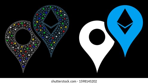 Glossy mesh Ethereum map markers icon with sparkle effect. Abstract illuminated model of Ethereum map markers. Shiny wire frame polygonal network Ethereum map markers icon.