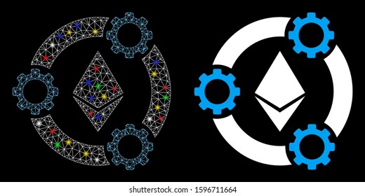 Glossy mesh Ethereum pool collaboration icon with glare effect. Abstract illuminated model of Ethereum pool collaboration. Shiny wire frame polygonal network Ethereum pool collaboration icon.