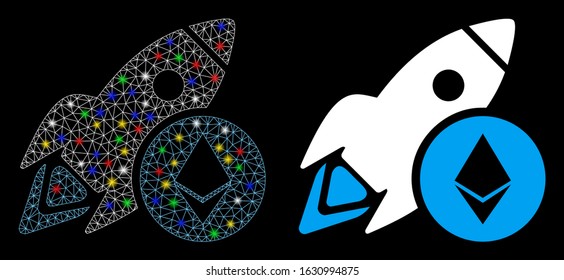Glossy mesh Ethereum rocket icon with glitter effect. Abstract illuminated model of Ethereum rocket. Shiny wire carcass polygonal network Ethereum rocket icon.