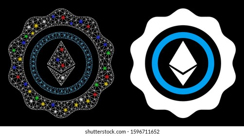 Glossy mesh Ethereum seal icon with sparkle effect. Abstract illuminated model of Ethereum seal. Shiny wire carcass triangular mesh Ethereum seal icon. Vector abstraction on a black background.