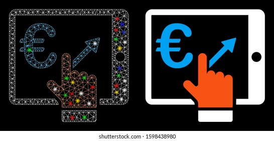Glossy mesh euro analytics tablet icon with glitter effect. Abstract illuminated model of euro analytics tablet. Shiny wire frame polygonal mesh euro analytics tablet icon.