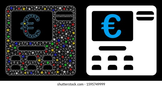 Glossy mesh Euro ATM icon with glare effect. Abstract illuminated model of Euro ATM. Shiny wire carcass polygonal mesh Euro ATM icon. Vector abstraction on a black background.