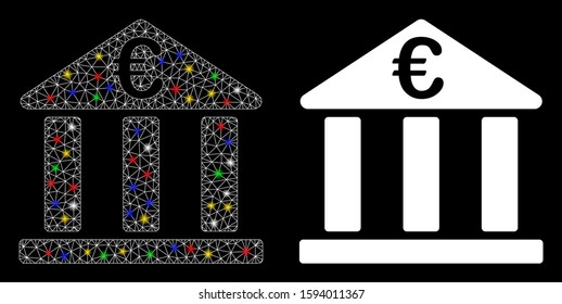 Glossy mesh Euro bank building icon with glare effect. Abstract illuminated model of Euro bank building. Shiny wire frame polygonal mesh Euro bank building icon.