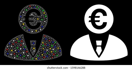 Glossy mesh Euro banker icon with glitter effect. Abstract illuminated model of Euro banker. Shiny wire carcass triangular mesh Euro banker icon. Vector abstraction on a black background.