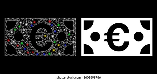 Glossy mesh Euro banknote icon with lightspot effect. Abstract illuminated model of Euro banknote. Shiny wire frame triangular mesh Euro banknote icon. Vector abstraction on a black background.