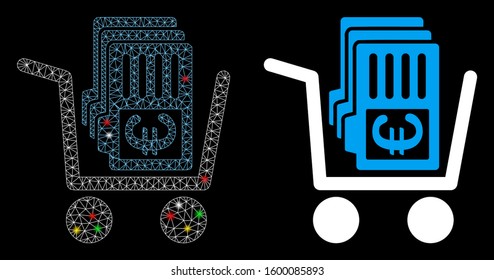 Glossy mesh Euro cash out cart icon with sparkle effect. Abstract illuminated model of Euro cash out cart. Shiny wire carcass polygonal mesh Euro cash out cart icon.
