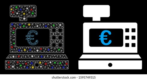 Glossy mesh Euro cashbox icon with lightspot effect. Abstract illuminated model of Euro cashbox. Shiny wire carcass triangular mesh Euro cashbox icon. Vector abstraction on a black background.