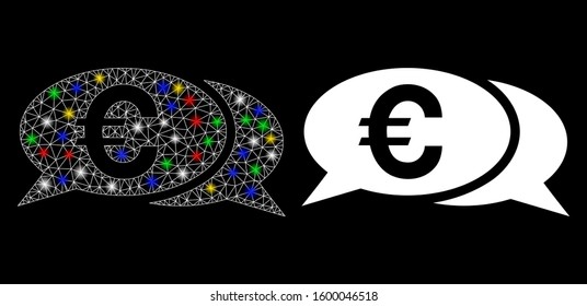 Glossy mesh Euro chat icon with glitter effect. Abstract illuminated model of Euro chat. Shiny wire frame triangular network Euro chat icon. Vector abstraction on a black background.