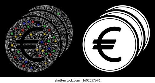 Glossy mesh Euro coins icon with lightspot effect. Abstract illuminated model of Euro coins. Shiny wire frame polygonal network Euro coins icon. Vector abstraction on a black background.