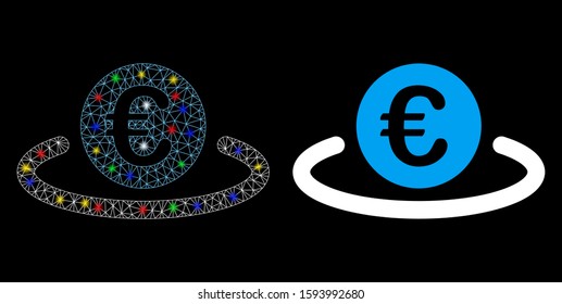 Glossy mesh Euro deposit icon with glare effect. Abstract illuminated model of Euro deposit. Shiny wire frame triangular network Euro deposit icon. Vector abstraction on a black background.