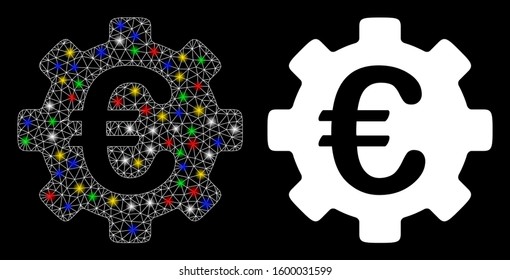 Glossy mesh Euro development gear icon with sparkle effect. Abstract illuminated model of Euro development gear. Shiny wire carcass polygonal mesh Euro development gear icon.