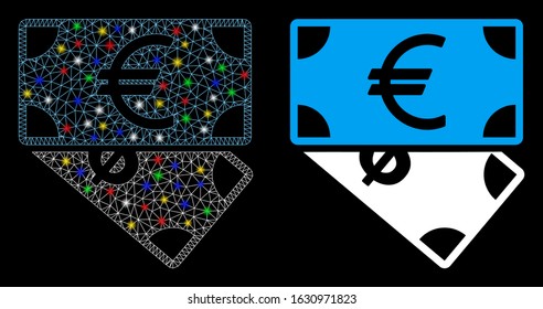 Glossy mesh Euro and Dollar banknotes icon with glitter effect. Abstract illuminated model of Euro and Dollar banknotes. Shiny wire frame triangular mesh Euro and Dollar banknotes icon.