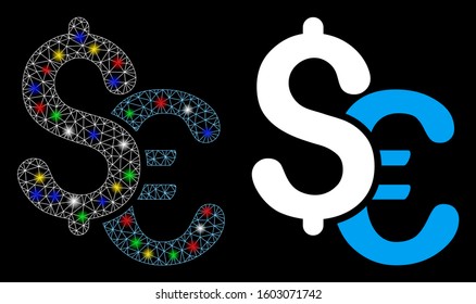 Glossy mesh Euro and Dollar currency icon with lightspot effect. Abstract illuminated model of Euro and Dollar currency.  