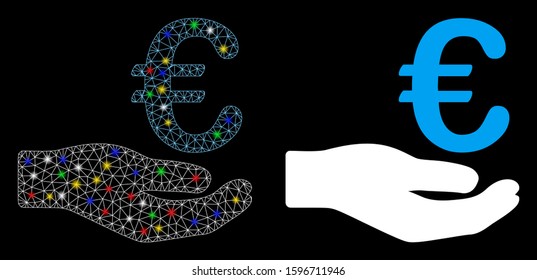 Glossy mesh Euro donation icon with sparkle effect. Abstract illuminated model of Euro donation. Shiny wire carcass polygonal mesh Euro donation icon. Vector abstraction on a black background.