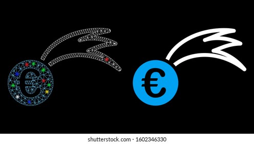 Glossy mesh Euro falling meteor icon with glitter effect. Abstract illuminated model of Euro falling meteor. Shiny wire frame triangular mesh Euro falling meteor icon.
