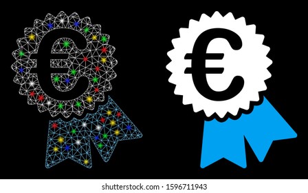 Glossy mesh Euro featured price tag icon with lightspot effect. Abstract illuminated model of Euro featured price tag. Shiny wire carcass triangular mesh Euro featured price tag icon.