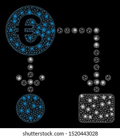 Glossy mesh Euro flow chart with sparkle effect. Abstract illuminated model of Euro flow chart icon. Shiny wire carcass polygonal mesh Euro flow chart. Vector abstraction on a black background.