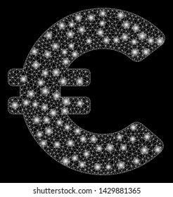 Glossy mesh Euro with glitter effect. Abstract illuminated model of Euro icon. Shiny wire frame polygonal mesh Euro. Vector abstraction on a black background.