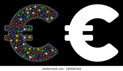Glossy mesh Euro icon with sparkle effect. Abstract illuminated model of Euro. Shiny wire carcass triangular mesh Euro icon. Vector abstraction on a black background.