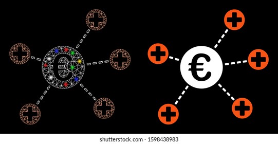 Glossy mesh Euro medical links icon with glare effect. Abstract illuminated model of Euro medical links. Shiny wire frame polygonal mesh Euro medical links icon.