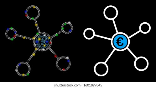 Glossy mesh Euro network icon with glow effect. Abstract illuminated model of Euro network. Shiny wire frame polygonal mesh Euro network icon. Vector abstraction on a black background.