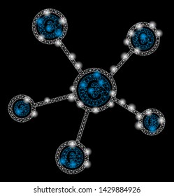 Glossy mesh Euro network structure with lightspot effect. Abstract illuminated model of Euro network structure icon. Shiny wire frame polygonal mesh Euro network structure.