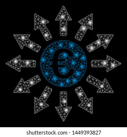 Glossy mesh Euro payments with lightspot effect. Abstract illuminated model of Euro payments icon. Shiny wire carcass triangular mesh Euro payments. Vector abstraction on a black background.