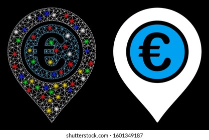 Glossy mesh Euro pointer icon with sparkle effect. Abstract illuminated model of Euro pointer. Shiny wire frame polygonal network Euro pointer icon. Vector abstraction on a black background.