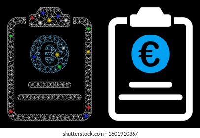 Glossy mesh Euro prices pad icon with lightspot effect. Abstract illuminated model of Euro prices pad. Shiny wire carcass polygonal network Euro prices pad icon.
