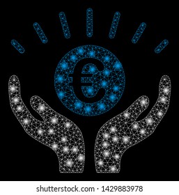 Glossy mesh Euro prosperity with lightspot effect. Abstract illuminated model of Euro prosperity icon. Shiny wire carcass triangular mesh Euro prosperity. Vector abstraction on a black background.