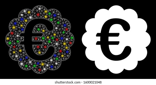Glossy mesh Euro quality seal icon with glow effect. Abstract illuminated model of Euro quality seal. Shiny wire carcass polygonal network Euro quality seal icon.