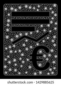Glossy mesh Euro report with lightspot effect. Abstract illuminated model of Euro report icon. Shiny wire frame polygonal mesh Euro report. Vector abstraction on a black background.