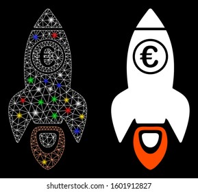 Glossy mesh Euro rocket launch icon with sparkle effect. Abstract illuminated model of Euro rocket launch. Shiny wire frame polygonal mesh Euro rocket launch icon.