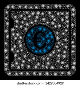Glossy mesh Euro safe with glare effect. Abstract illuminated model of Euro safe icon. Shiny wire frame polygonal mesh Euro safe. Vector abstraction on a black background.