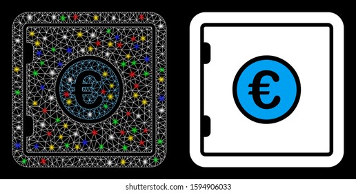 Glossy mesh Euro safe icon with glitter effect. Abstract illuminated model of Euro safe. Shiny wire carcass polygonal network Euro safe icon. Vector abstraction on a black background.