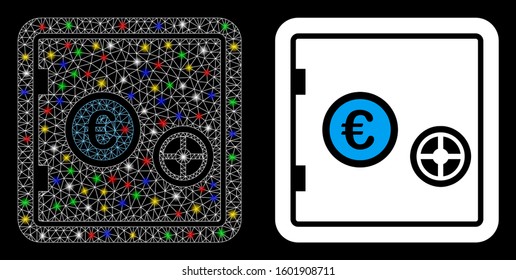 Glossy mesh Euro safe icon with lightspot effect. Abstract illuminated model of Euro safe. Shiny wire frame polygonal mesh Euro safe icon. Vector abstraction on a black background.