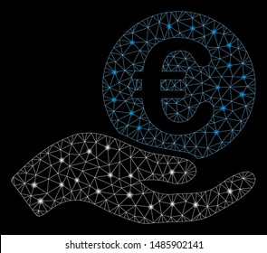 Glossy mesh euro salary with lightspot effect. Abstract illuminated model of euro salary icon. Shiny wire frame polygonal mesh euro salary. Vector abstraction on a black background.